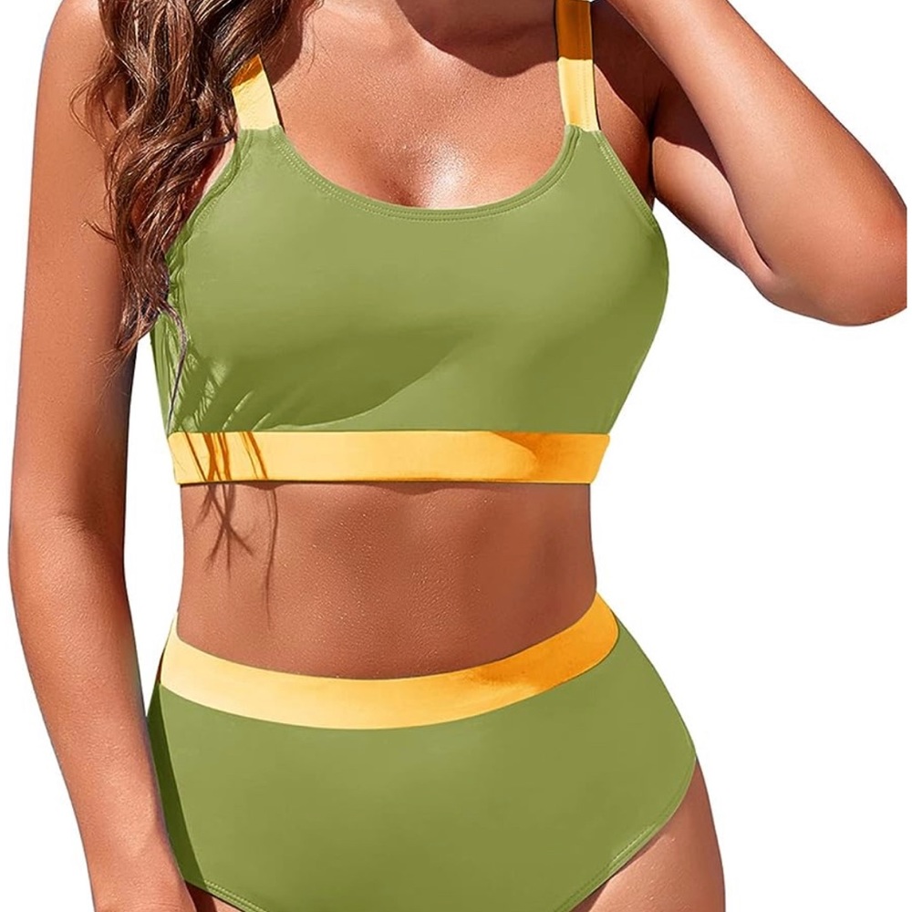 Womens High Waisted Bikini Sets Sporty Crop Top Color Block Swimwear Vintage